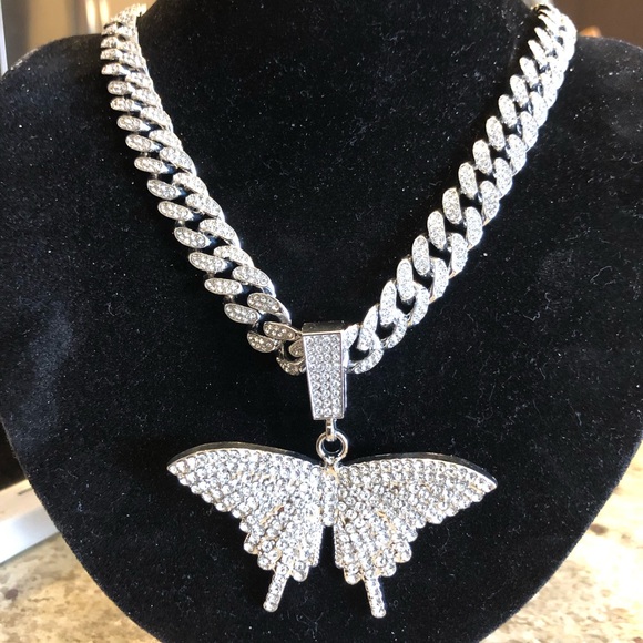 Jewelry - CZ Butterfly Pendant Cuban Chain Necklace
